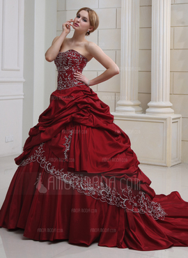 Ball-Gown Sweetheart Royal Train Taffeta Wedding Dress With Embroidery Ruffle Beadwork (002011490)