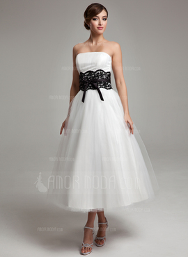 A-Line/Princess Strapless Tea-Length Satin Tulle Wedding Dress With Lace Sash Beadwork (002011609)