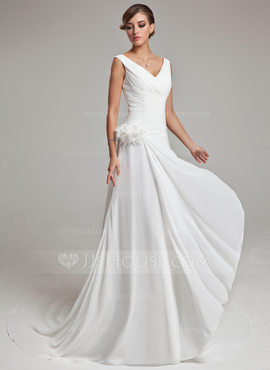 A-Line/Princess V-neck Chapel Train Chiffon Satin Wedding Dress With Ruffle Feather Flower(s) (002011459)