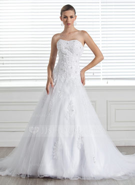 A-Line/Princess Sweetheart Chapel Train Satin Tulle Wedding Dress With Lace Beadwork (002004771)