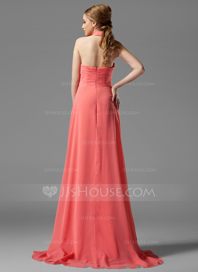 A-Line/Princess Halter Sweep Train Chiffon Bridesmaid Dress With Ruffle Flower(s) (007004138)