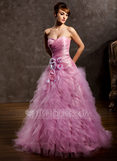 Ball-Gown Sweetheart Sweep Train Taffeta Tulle Wedding Dress With Ruffle Flower(s) (002011428)