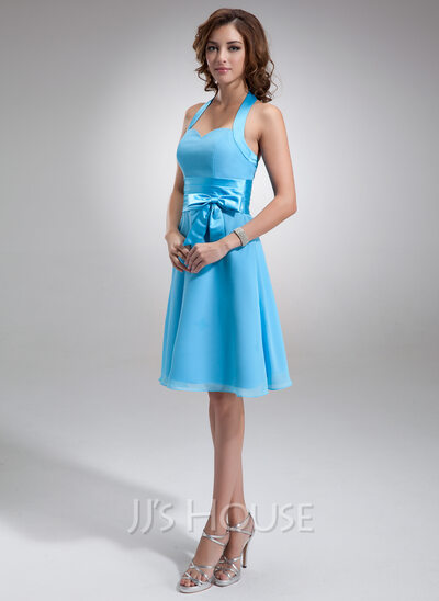 A-Line/Princess Halter Knee-Length Chiffon Satin Bridesmaid Dress With Ruffle (007000937)