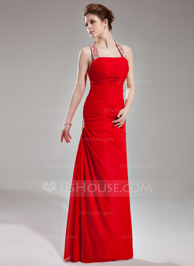 Sheath Halter Floor-Length Chiffon Evening Dress With Ruffle Beading Sequins (017002264)