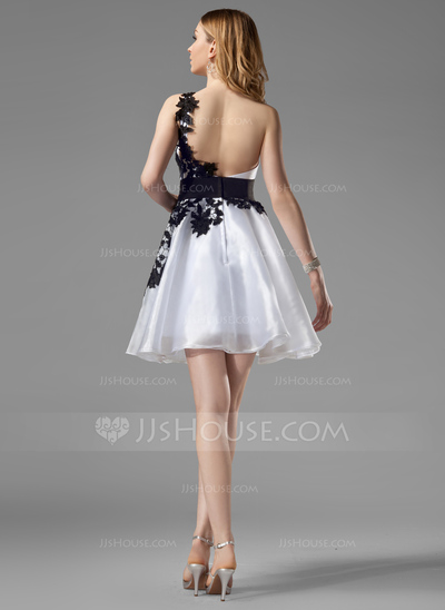 A-Line/Princess One-Shoulder Short/Mini Organza Satin Homecoming Dress With Lace Sash Beading (022004454)