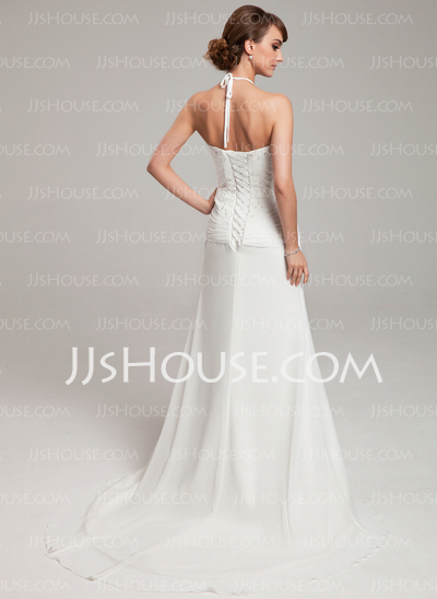 Sheath/Column Halter Watteau Train Chiffon Tulle Wedding Dress With Ruffle Lace Beadwork (002011453)