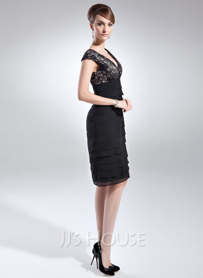 Sheath V-neck Knee-Length Chiffon Lace Cocktail Dress With Ruffle (016008240)
