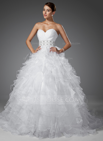 Ball-Gown Sweetheart Chapel Train Organza Satin Wedding Dress With Ruffle Beadwork (002004753)