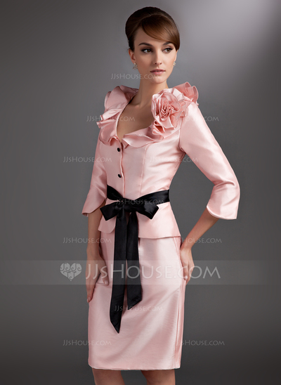 Gaine Col V Mi-longues Taffetas Robe de Mère de Mariée avec Sash Fleurs (008005651)