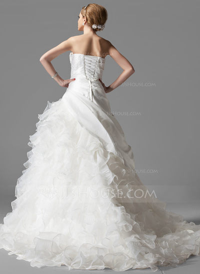 Ball-Gown Strapless Court Train Taffeta Organza Wedding Dress With Ruffle Lace (002004523)