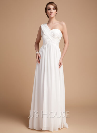 A-Line/Princess One-Shoulder Floor-Length Chiffon Holiday Dress With Ruffle Beading (020014487)