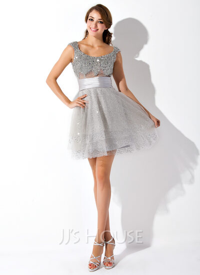 A-Line/Princess Scoop Neck Short/Mini Tulle Charmeuse Cocktail Dress With Ruffle Beading Sequins (016005838)
