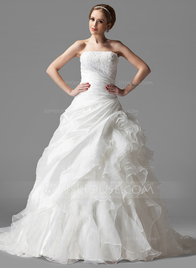 Ball-Gown Strapless Court Train Taffeta Organza Wedding Dress With Ruffle Lace (002004523)