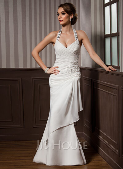 Sheath/Column Halter Floor-Length Chiffon Satin Wedding Dress With Ruffle Lace Beadwork Sequins (002012582)