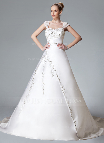 Ball-Gown Sweetheart Chapel Train Satin Wedding Dress With Embroidery Beadwork (002000558)