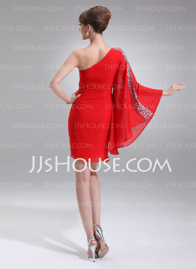 Sheath One-Shoulder Short/Mini Chiffon Cocktail Dress With Beading (016008327)