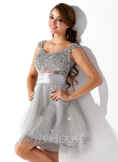 A-Line/Princess Scoop Neck Short/Mini Tulle Charmeuse Cocktail Dress With Ruffle Beading Sequins (016005838)