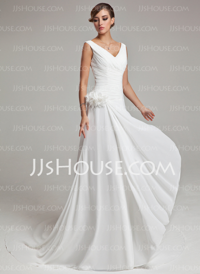 A-Line/Princess V-neck Chapel Train Chiffon Satin Wedding Dress With Ruffle Feather Flower(s) (002011459)