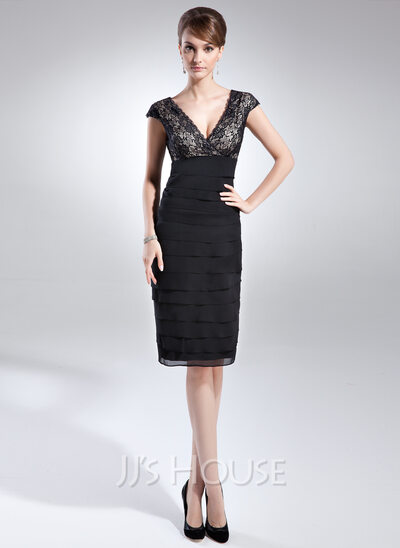 Sheath V-neck Knee-Length Chiffon Lace Cocktail Dress With Ruffle (016008240)