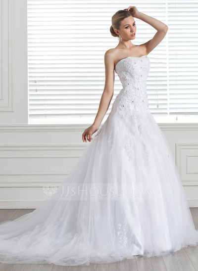 A-Line/Princess Sweetheart Chapel Train Satin Tulle Wedding Dress With Lace Beadwork (002004771)