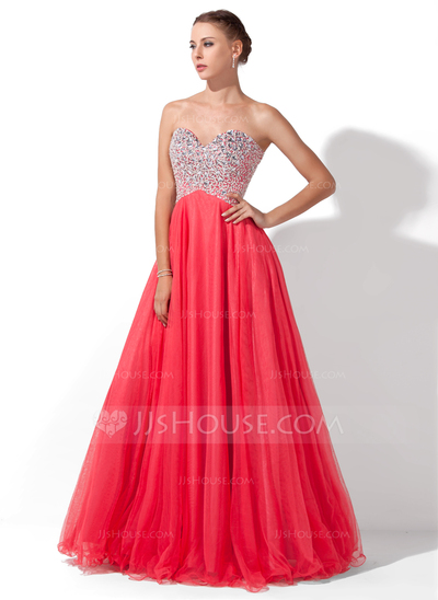 A-Line/Princess Sweetheart Floor-Length Tulle Charmeuse Prom Dress With Beading (018004812)