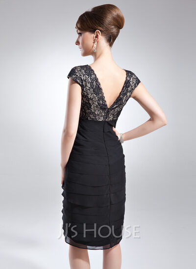 Sheath V-neck Knee-Length Chiffon Lace Cocktail Dress With Ruffle (016008240)