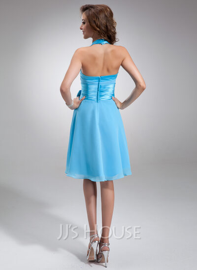 A-Line/Princess Halter Knee-Length Chiffon Satin Bridesmaid Dress With Ruffle (007000937)