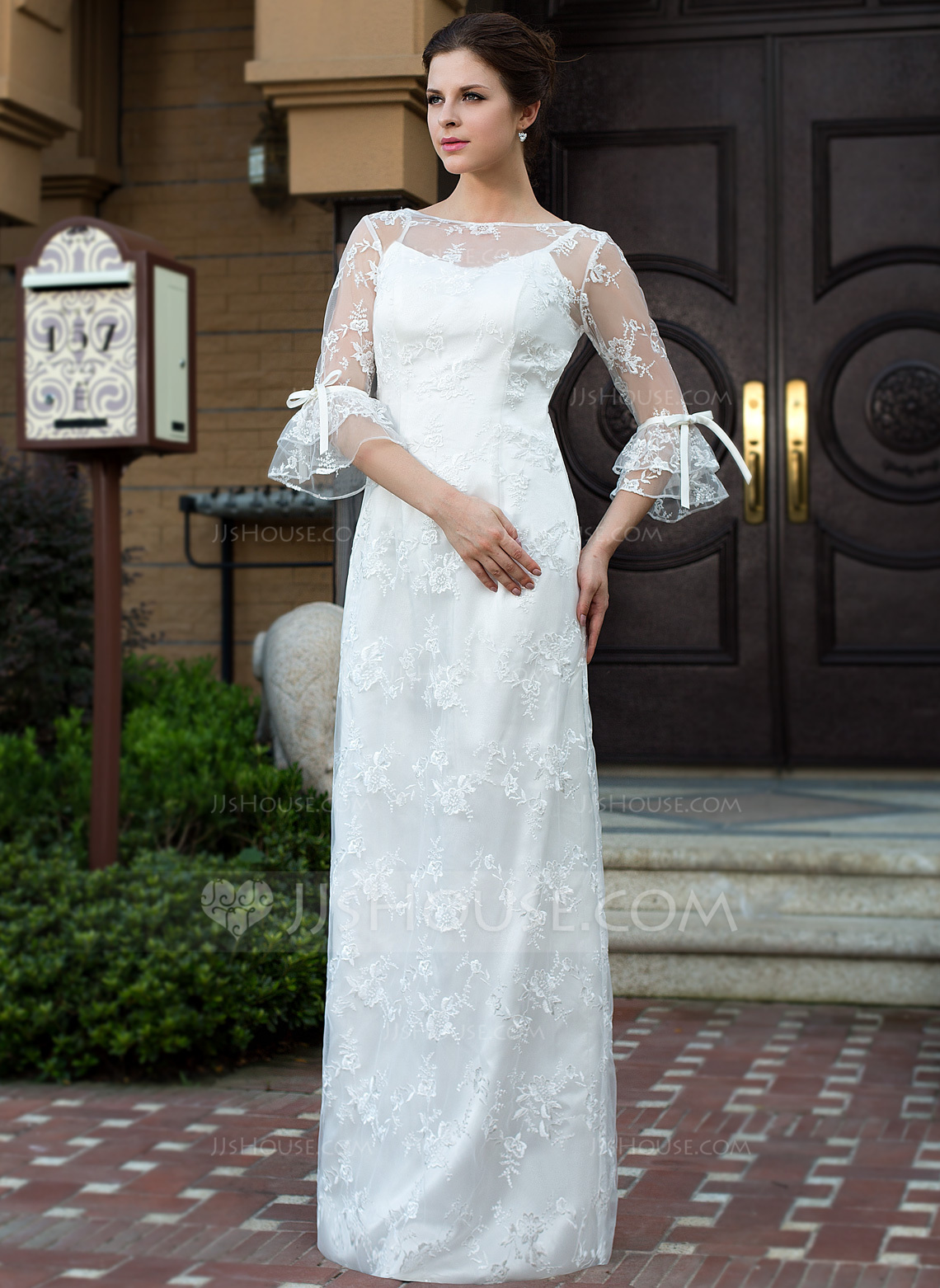 Sheath/Column Scoop Neck Floor-Length Lace Wedding Dress With Bow(s) (017026207) - JJsHouse