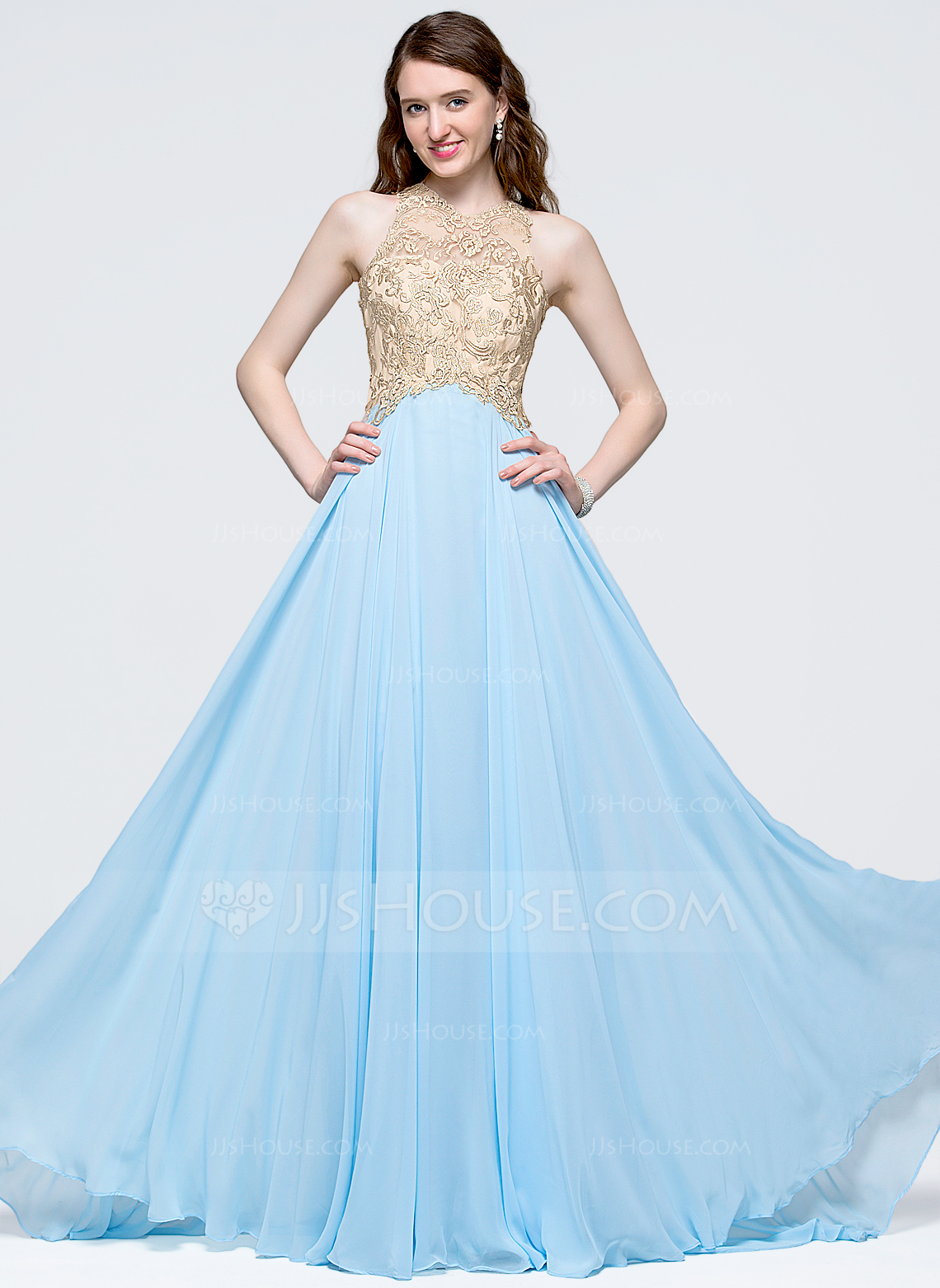 ALine/Princess Scoop Neck Sweep Train Chiffon Prom Dress (018089726
