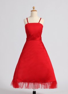 A-Line/Princess Tea-Length Satin Tulle Junior Bridesmaid Dress (009015839)