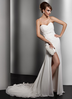 Sheath/Column Sweetheart Court Train Chiffon Wedding Dress With Ruffle Lace Beadwork Sequins (002011415)