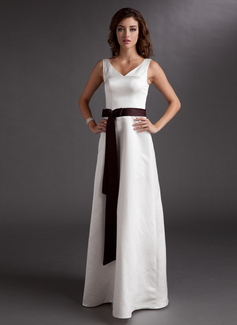 A-Line/Princess V-neck Floor-Length Satin Bridesmaid Dress With Sash (007001917)