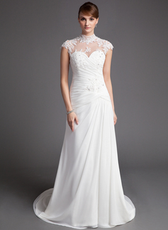 Sheath/Column High Neck Court Train Chiffon Tulle Wedding Dress With Ruffle Lace Beadwork (002012176)