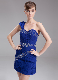 Sheath One-Shoulder Short/Mini Chiffon Cocktail Dress With Ruffle Beading (016008325)