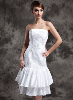 Sheath/Column Strapless Tea-Length Taffeta Tulle Wedding Dress With Lace Beadwork (002024077)