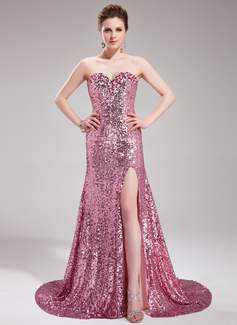 A-Line/Princess Sweetheart Court Train Chiffon Sequined Prom Dress With Beading (018019681)