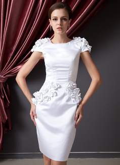Sheath Scoop Neck Knee-Length Satin Cocktail Dress With Flower(s) (016014226)
