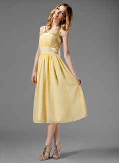 A-Line/Princess Halter Tea-Length Chiffon Charmeuse Bridesmaid Dress With Ruffle (007000956)