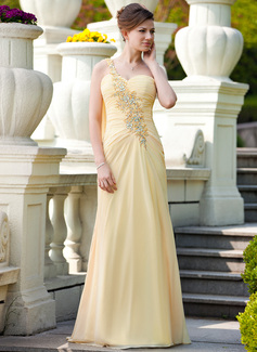 A-Line/Princess One-Shoulder Sweep Train Chiffon Mother of the Bride Dress With Ruffle Lace Beading (008024569)