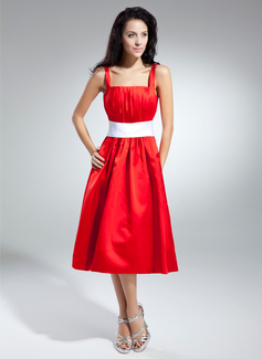 A-Line/Princess Square Neckline Tea-Length Satin Homecoming Dress With Ruffle Sash (022014944)