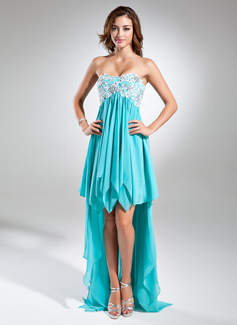 Empire Sweetheart Asymmetrical Chiffon Holiday Dress With Beading Appliques (020015520)