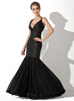 Mermaid Halter Floor-Length Chiffon Charmeuse Evening Dress With Ruffle (017020854)