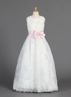 A-Line/Princess Scoop Neck Floor-Length Organza Satin Flower Girl Dress With Lace Sash Beading (010014657)