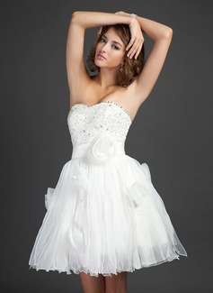 A-Line/Princess Sweetheart Short/Mini Organza Satin Homecoming Dress With Ruffle Lace Beading Sequins (022015349)