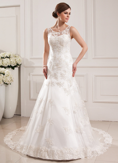Mermaid Scoop Neck Court Train Satin Tulle Wedding Dress With Lace (002019530)