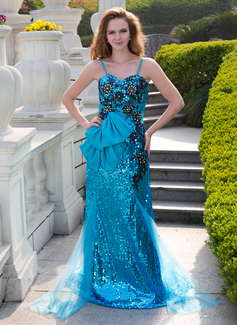 Mermaid Sweetheart Court Train Tulle Sequined Prom Dress With Embroidered Ruffle Beading (018024654)