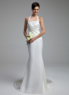 Sheath/Column Halter Chapel Train Satin Wedding Dress With Ruffle (002000058)