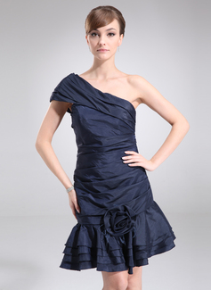 A-Line/Princess One-Shoulder Short/Mini Taffeta Cocktail Dress With Ruffle Flower(s) (016016867)