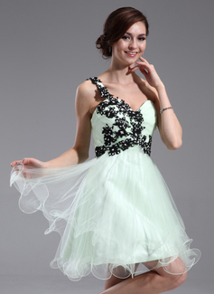 A-Line/Princess One-Shoulder Short/Mini Tulle Homecoming Dress With Embroidered Ruffle Lace Beading (022011005)