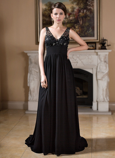A-Line/Princess V-neck Court Train Chiffon Tulle Mother of the Bride Dress With Ruffle Beading (008024532)